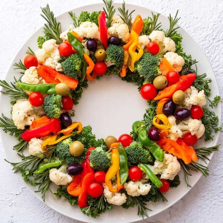Vibrant Garland Veggie Wreath: a visually stunning arrangement of fresh vegetables perfect for a party.