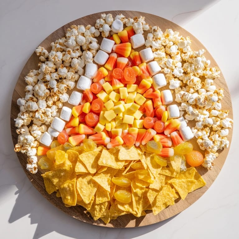 A vibrant Candy Corn Spooky Board featuring colorful candies and cheese cubes, perfect for Halloween snacking.