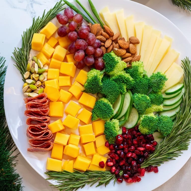 Close-up of a vibrant Evergreen Tree Snack Board with colorful fruits, cheeses, and charcuterie perfect for a party.