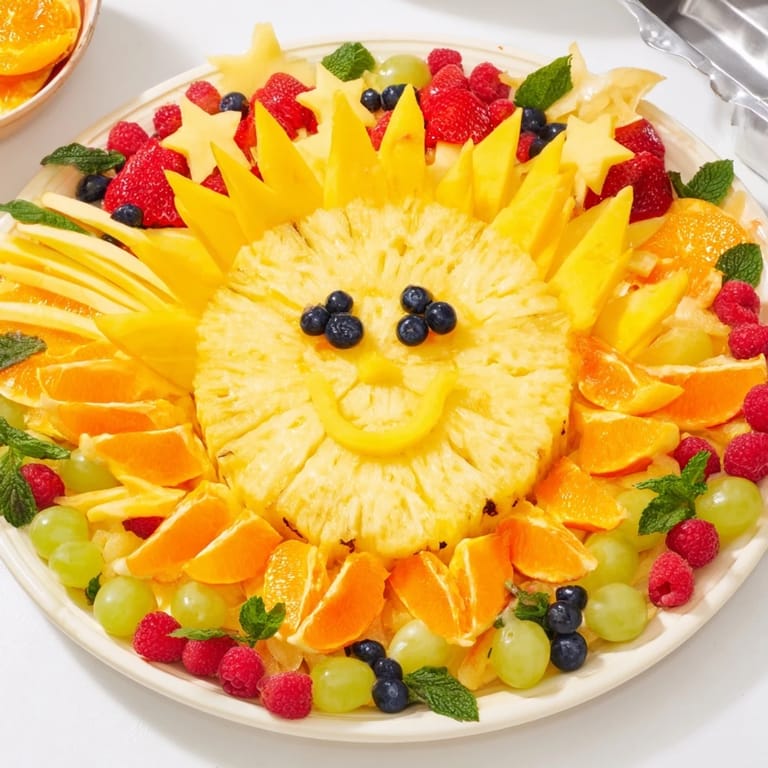 A delightful arrangement showing a Summer Rays Sun-Shaped Fruit Tray, ideal for summer parties and grazing.