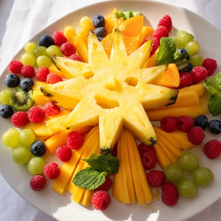 This visually stunning Summer Rays Sun-Shaped Fruit Tray offers juicy fruits, perfect for a healthy treat.