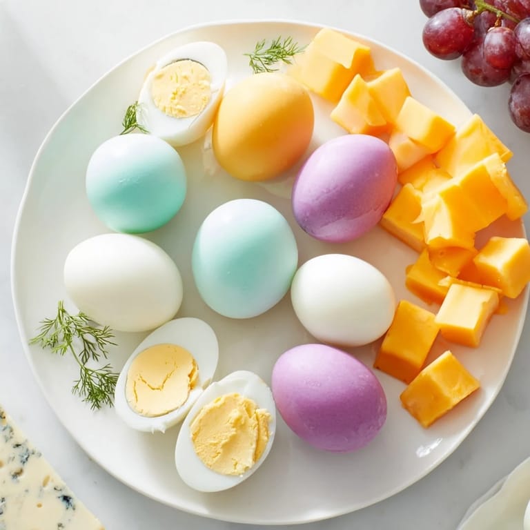 Imagine a festive Easter Egg-cellent Brunch Board: A delicious spread with colorful eggs, fruits, and savory treats.