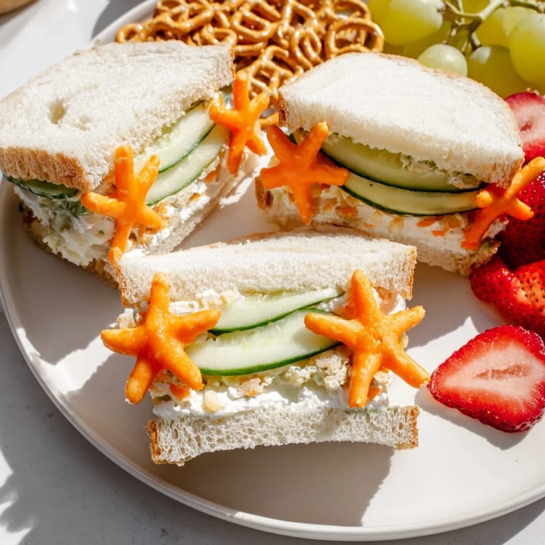 This Beach Day Starfish snack spread presents a fun platter: sandwiches, veggies, and goldfish crackers arranged.