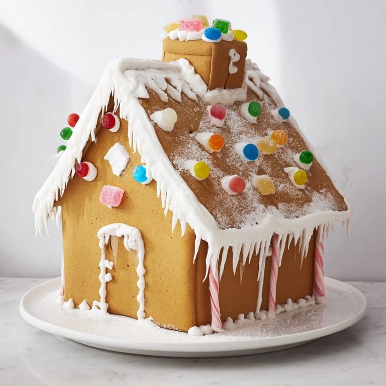 Close-up of a gingerbread house, showing intricate candy details and delicious aromas.