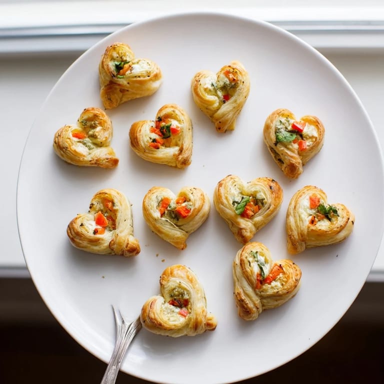 Close-up of baked Cœurs Entrelacés: puff pastry appetizer filled with creamy cheese, perfect for sharing.
