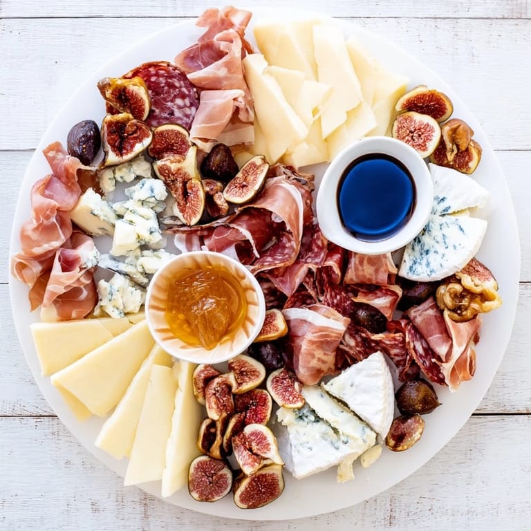 Close-up of a festive Plateau des Rois Mages Gourmand, showcasing holiday cheeses, meats, and delicious treats.