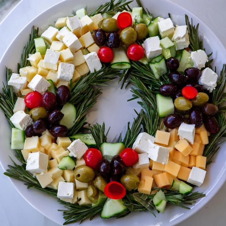 A vibrant Cheese & Olives pine tree wreath, with cubed cheeses and assorted olives, perfect for sharing.