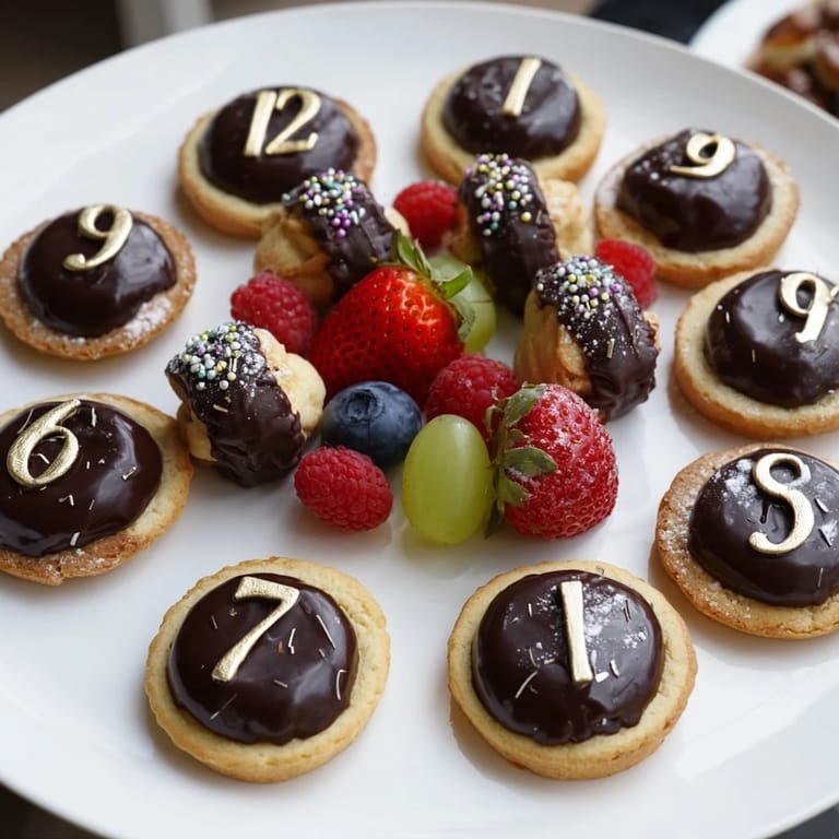 This Sparkling Clock Countdown Platter offers a delightful arrangement of desserts, ready for New Year's Eve.