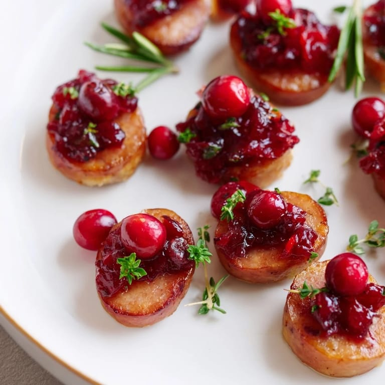 A platter of delicious Festive Holly Berry Sausage Bites, ready to serve with a beautiful cranberry topping.