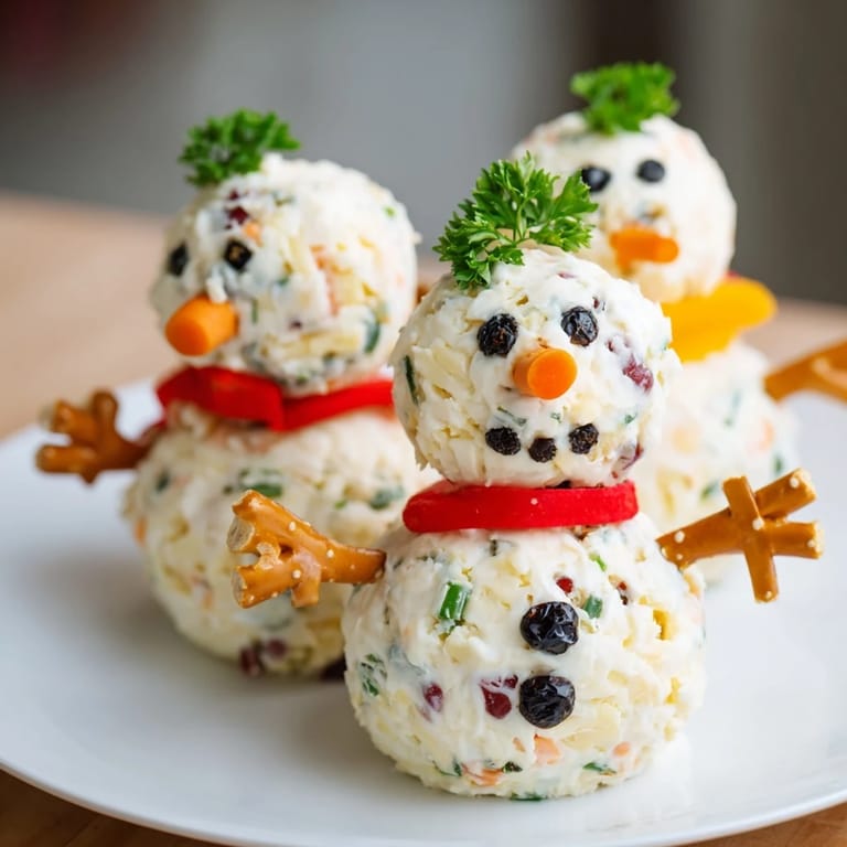 Close-up of a delightful Snowman Cheese Ball Trio, a creamy and whimsical holiday appetizer creation.