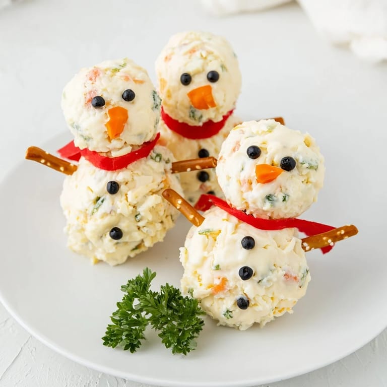 Three festive Snowman Cheese Ball Trio appetizers, ready to be enjoyed with crackers and fresh vegetables.