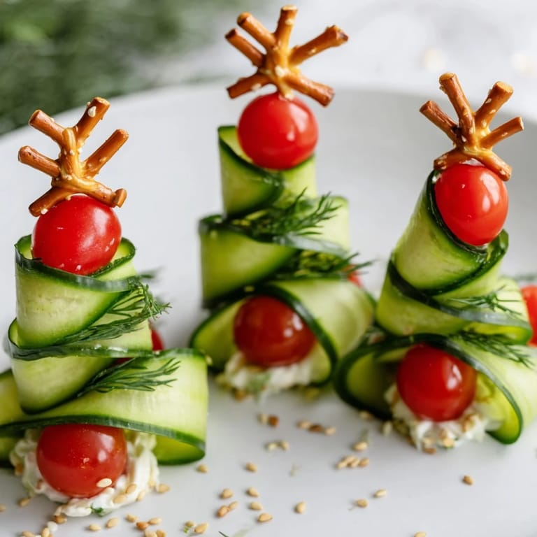 Freshly made Spiral Cucumber Ribbon Christmas Trees with colorful garnishes are perfect for your holiday spread.