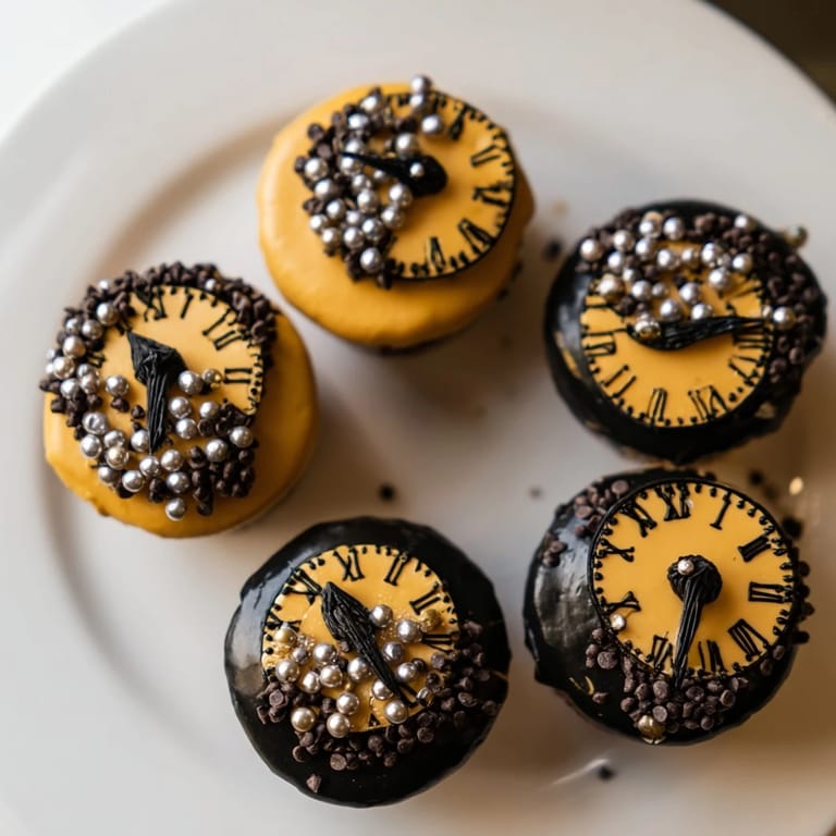 Close-up of countdown clock mini desserts, showing edible pearls and intricate clock details atop frosting.