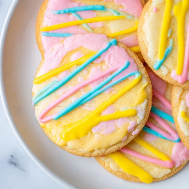 Freshly baked sugar cookies, boasting a sweet, colorful icing drizzle, perfect for a treat.