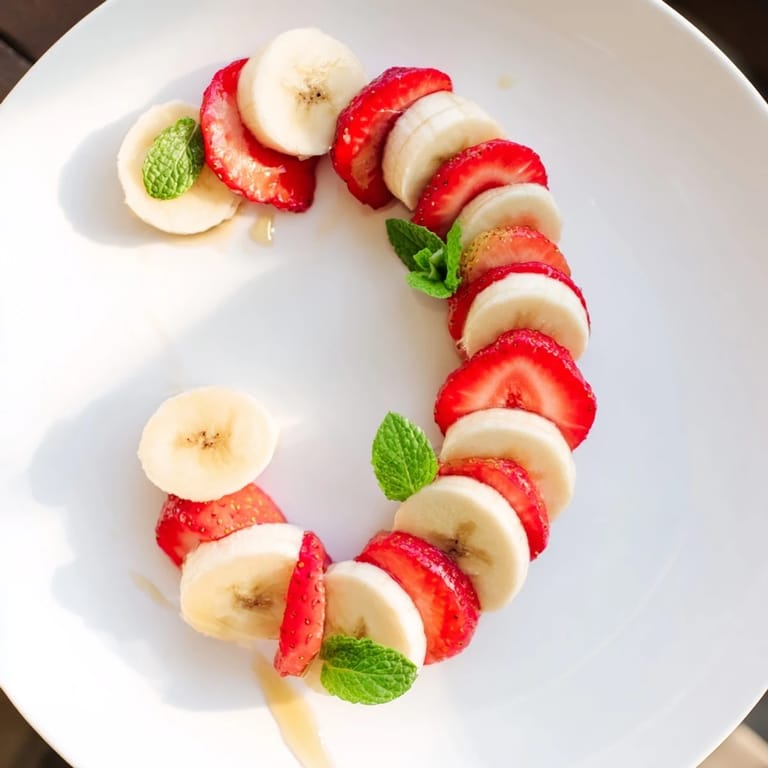 Easy-to-make Banana Strawberry Candy Canes, drizzled with honey, are a healthy and festive treat.