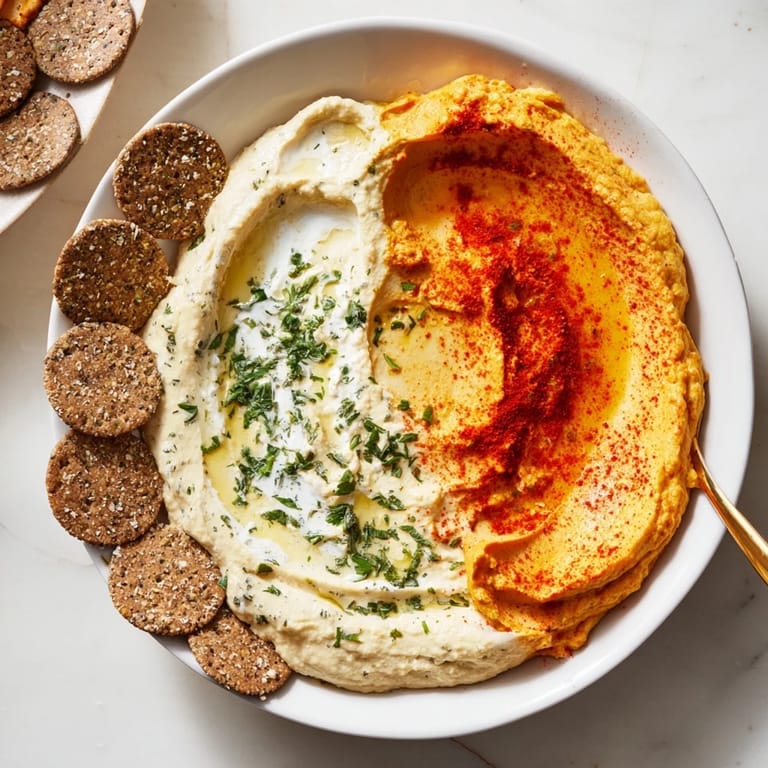 Party-ready Easy Dips platter, with two enticing dips separated by crispy cracker rows for serving.