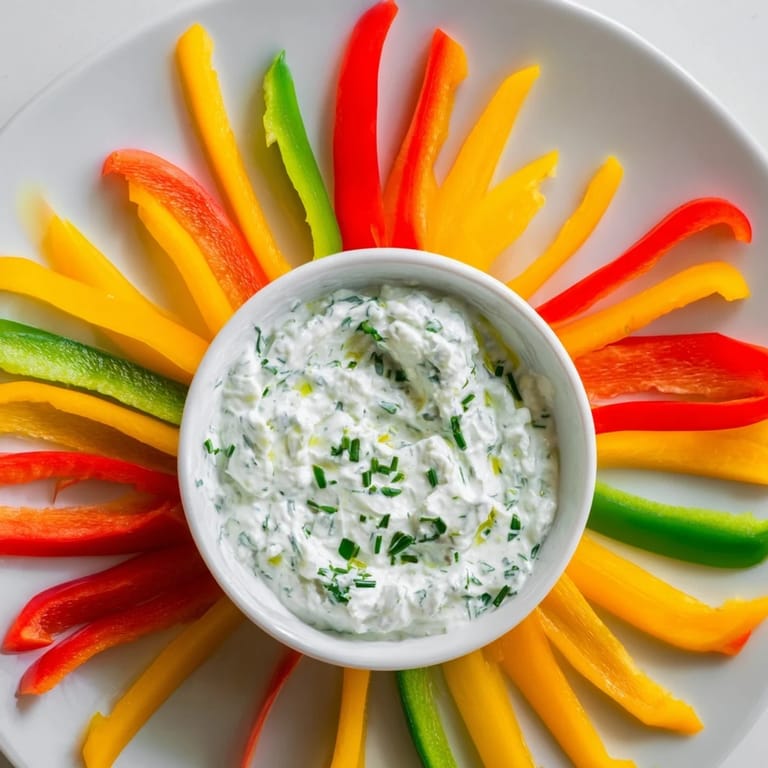 Fresh bell pepper strips with creamy Greek yogurt dip, a healthy and vibrant snack for sharing.
