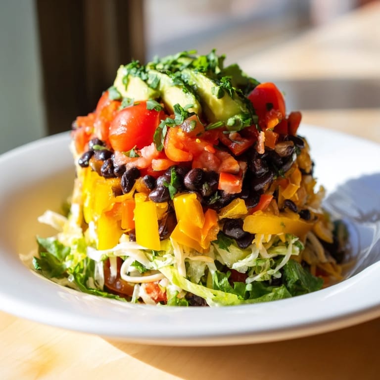 A colorful Southwest Sunset Palette salad: layers of fresh vegetables and chili cheese.