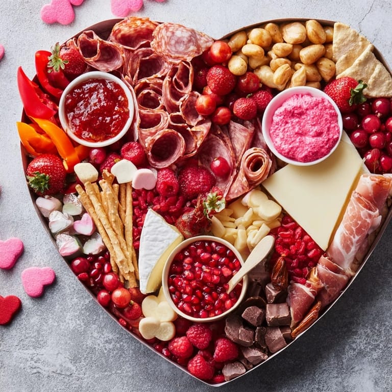 Delicious Heart of Romance Board with beautiful arrangement of cured meats, cheeses, and berries, ideal for sharing.