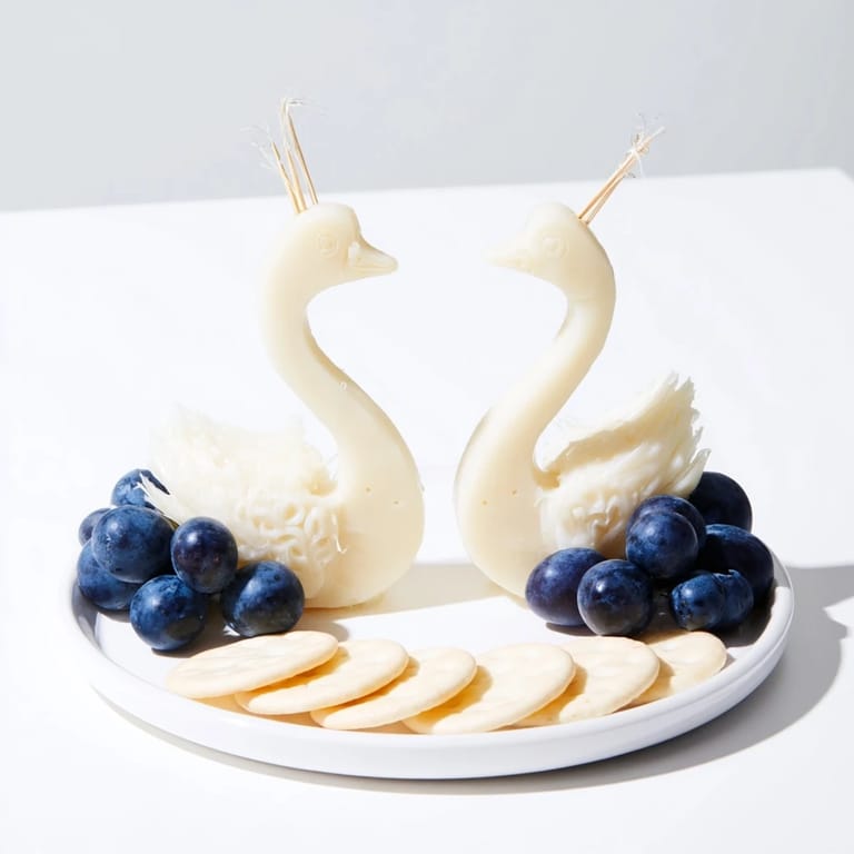 This Elegant Swan Lake Board presents a beautiful cheese and fruit appetizer perfect for entertaining.