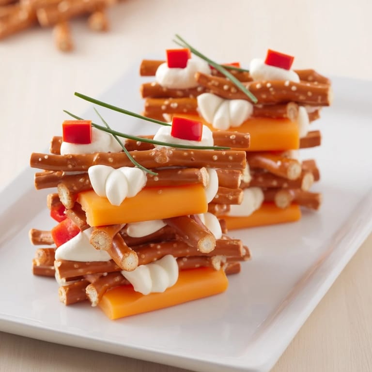 A visually appealing The Rustic Log Cabin appetizer with pretzel "logs" and cheese; ready to eat.