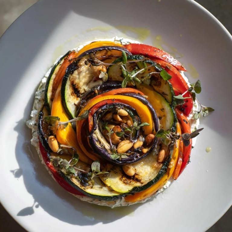 Close-up of The Snail Shell Spiral, a vegetarian dish with layered vegetable spirals on a plate.