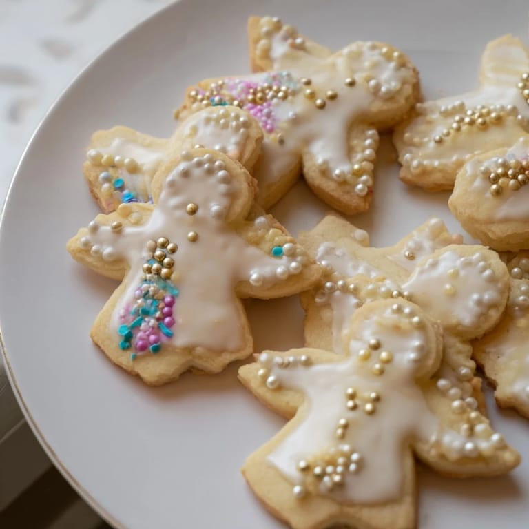 Festive, golden angel Biscuits Anges de Noël, ready to be iced and sprinkled for Christmas baking.
