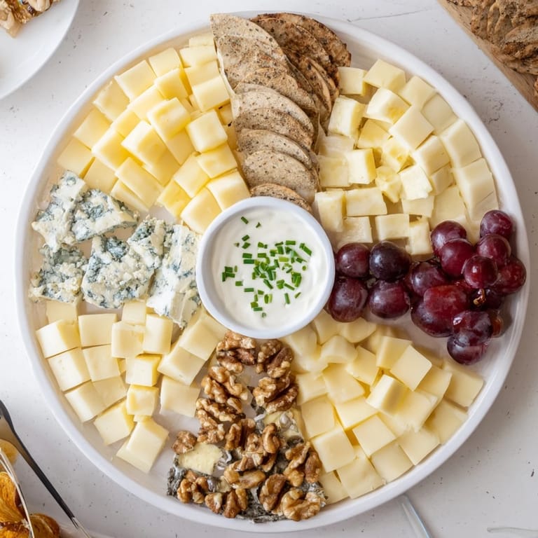 This exquisite Celtic Cross Cheese Platter features a variety of cheeses, grapes, and walnuts.