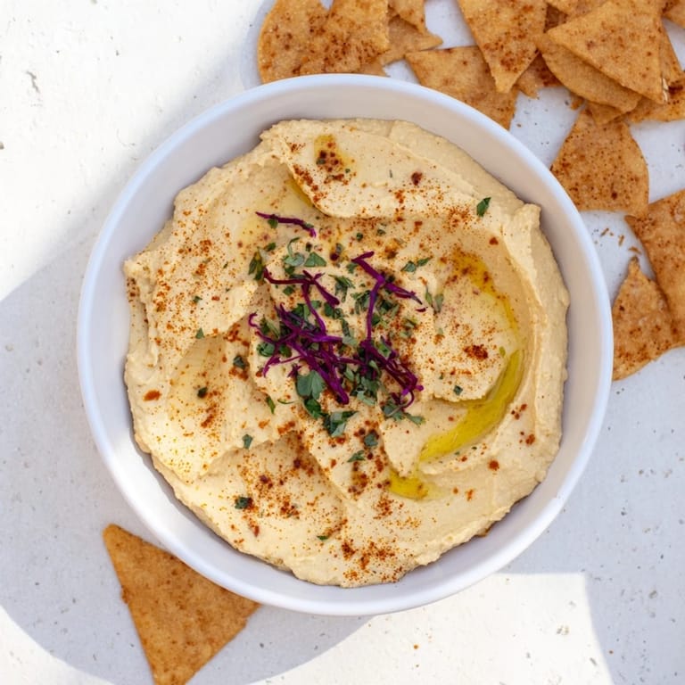 Golden pita chips surround the smooth hummus mounds in this The Sahara Dune appetizer recipe.