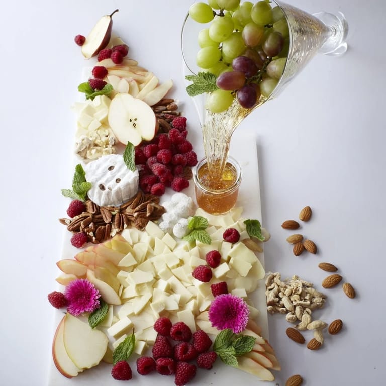 Festive Champagne Waterfall Board arrangement with cascading fruits, cheese, and crackers, ready to serve.