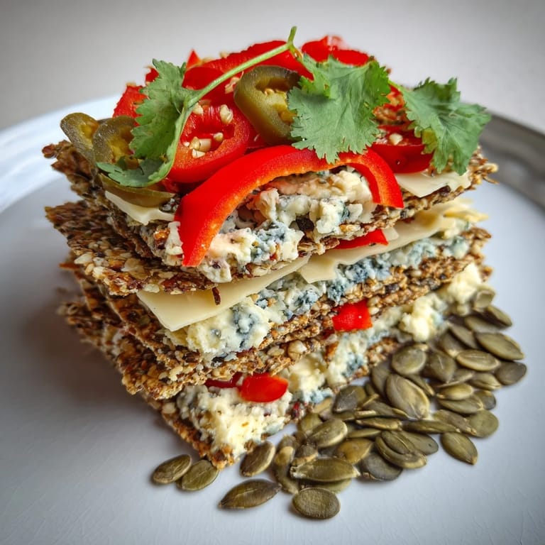 Vibrant Southwest Mesa appetizer: cheese and cracker towers with bell pepper garnish for tasting.