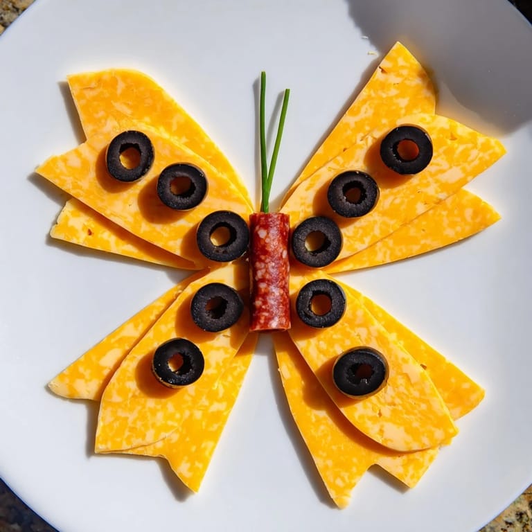 Vibrant cheddar cheese wings and salami body create a playful "Butterfly Migration" appetizer, ready in minutes.