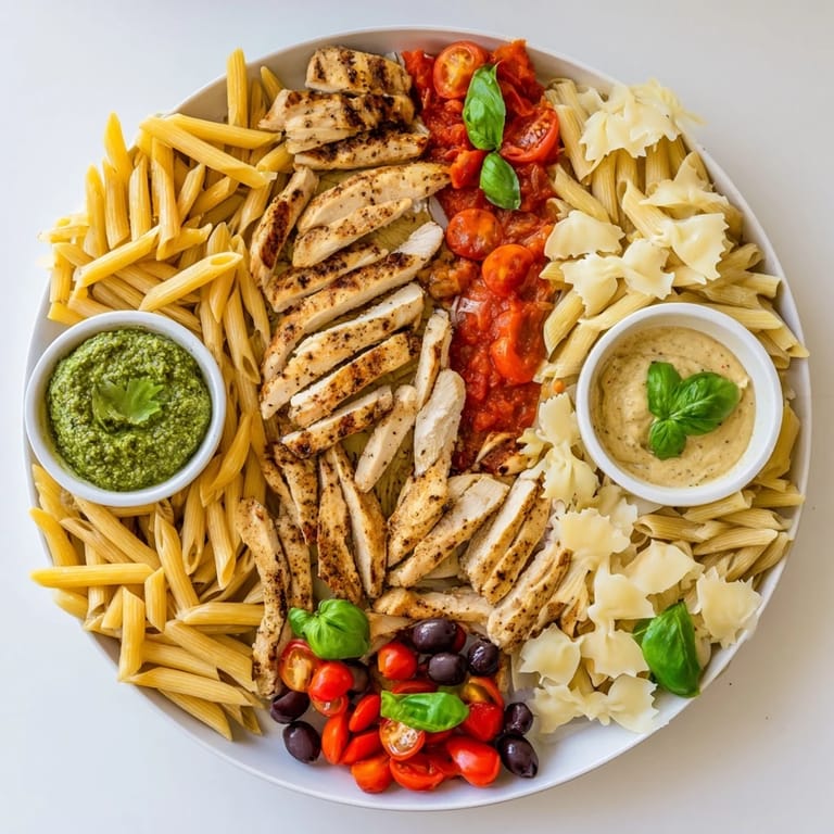 Girl Dinner Pasta Board, a colorful platter showcasing pasta, grilled chicken, and various sauces.