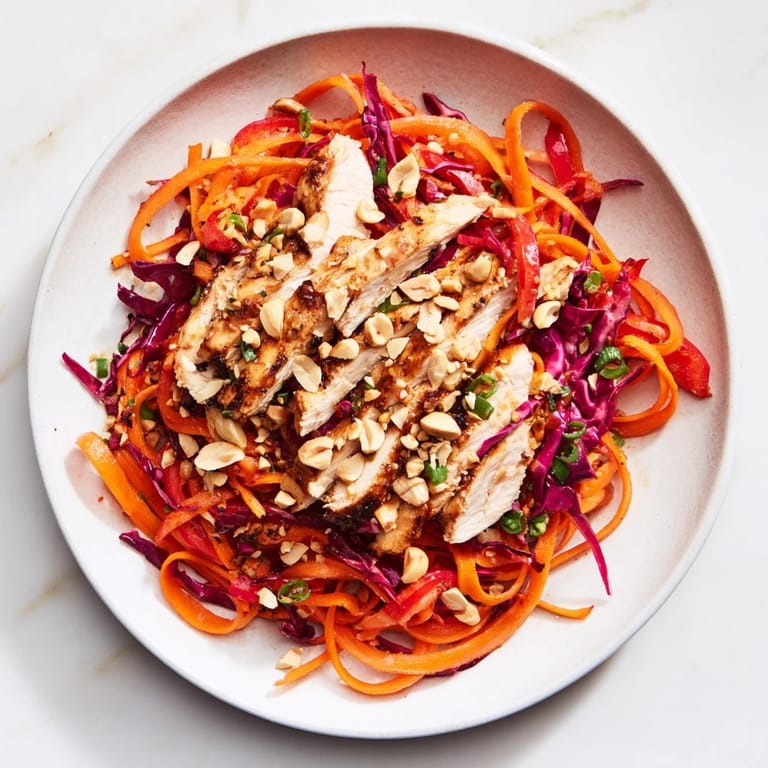 Chicken and carrot ribbon slaw, a colorful salad with grilled chicken and fresh vegetables.