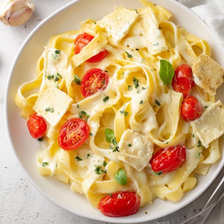 Ein Teller Baked Brie Pasta Sauce, geschmolzener Käse mit roten Tomaten und Kräutern, serviert.