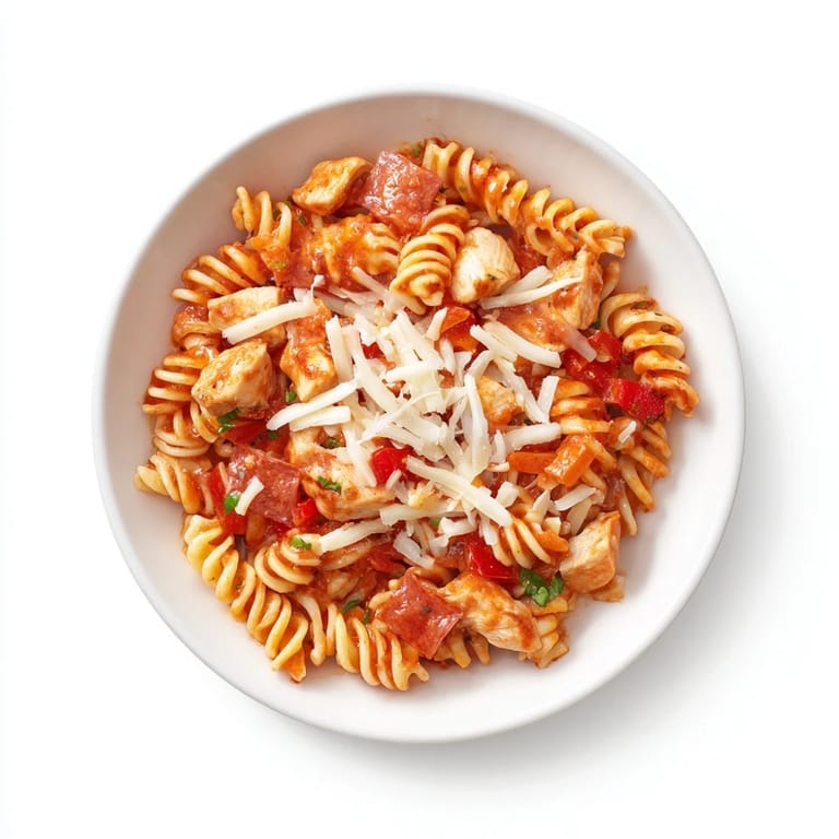A close-up of a skillet filled with cheesy, flavorful One-Pan Pizza Pasta, bubbling with steam.