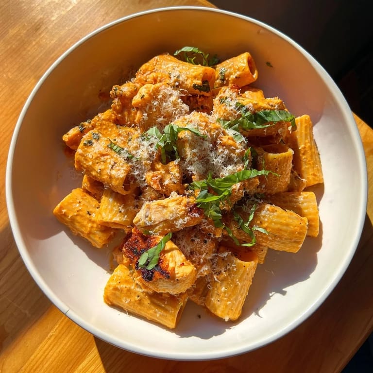 Close-up of Spicy Vodka Chicken Pasta, showcasing tender chicken in a rich, flavorful sauce.