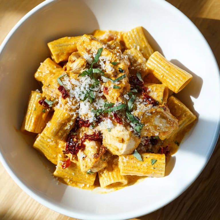 A steaming bowl of Spicy Vodka Chicken Pasta, ready to eat, with a sprinkle of chili crisp.