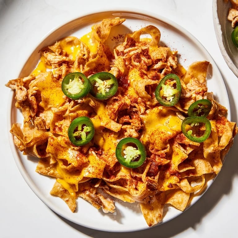 Crispy Pasta Chip Nachos topped with melted cheese, spicy jalapeños, and savory taco chicken.