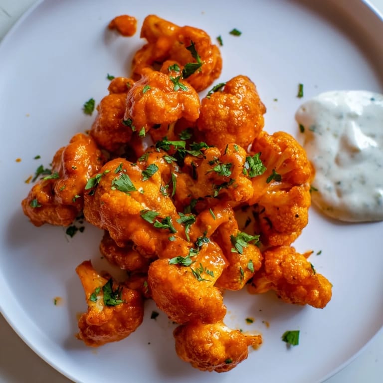 Crispy, golden-brown Buffalo Cauliflower Bites are tossed in a spicy sauce, ready to serve.