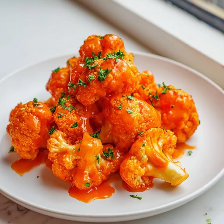 Close-up shot shows beautifully caramelized Sriracha-Buffalo Cauliflower Bites, perfect for sharing.