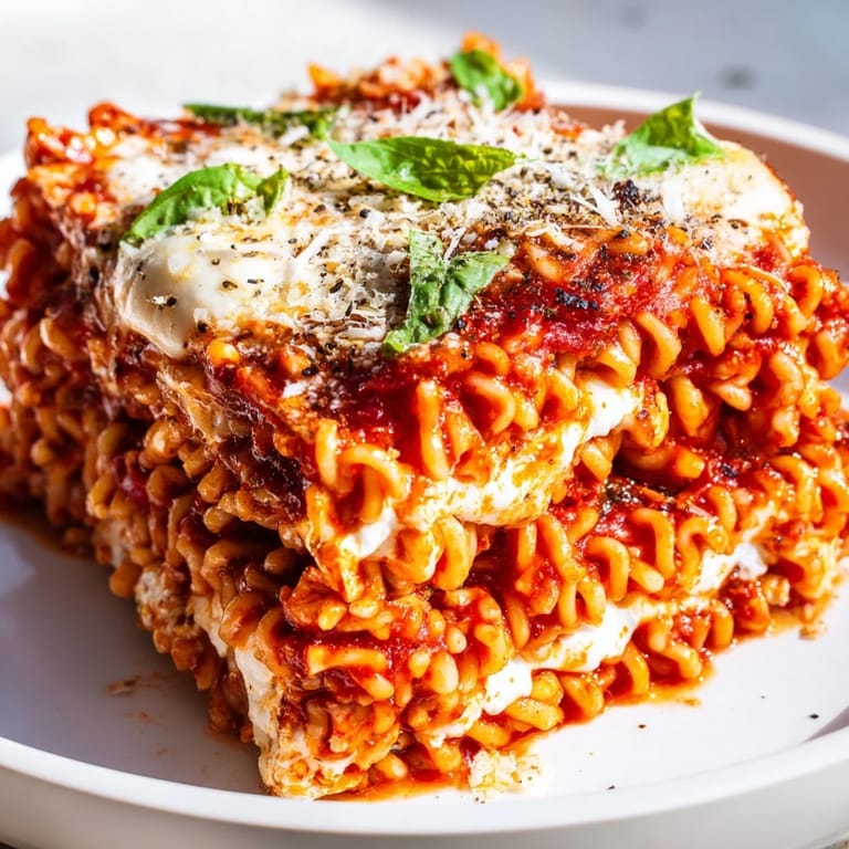 Homemade Ramen Lasagna, a comforting fusion main dish, layered with cheese and tomato sauce.