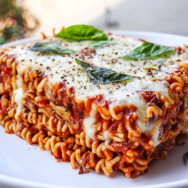 Close-up of a delightful Ramen Lasagna, showcasing perfectly baked noodles and melted cheese.