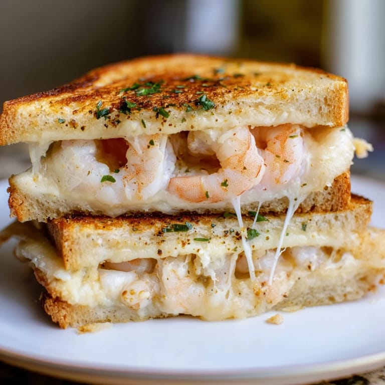 A close-up of a Quick Shrimp Grilled Cheese revealing melted cheese and perfectly grilled bread.