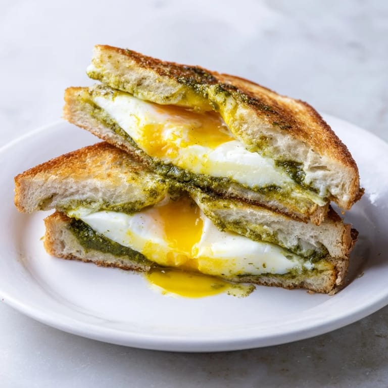 Close-up of a pesto egg grilled cheese with oozing cheese, perfect for a quick lunch.