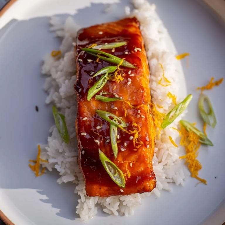 A cooked plate of sticky orange salmon glistens, with a drizzle over rice, a flavorful dinner.