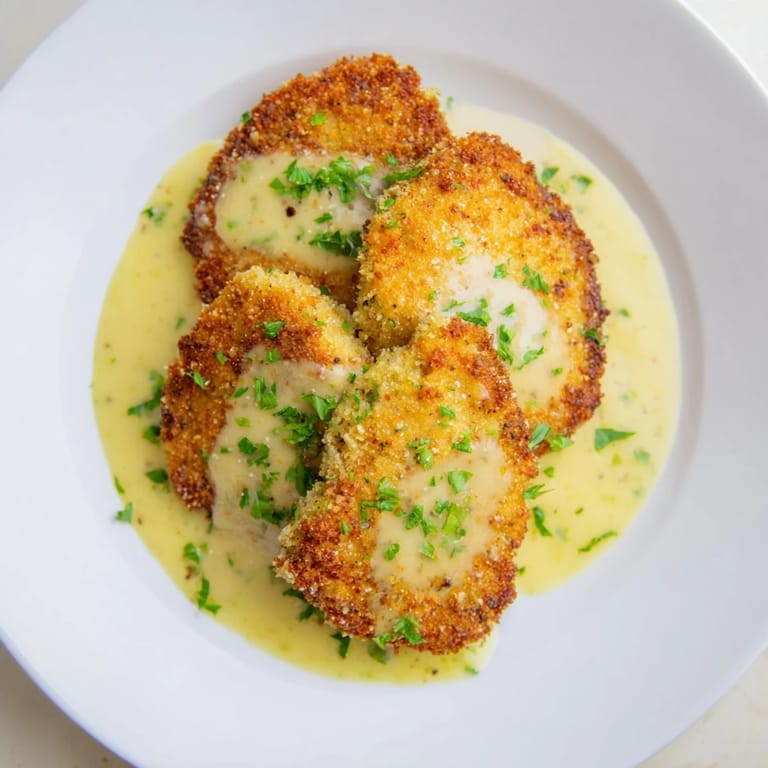 A close-up view of golden Crispy Chicken with Garlic Cream Sauce, perfectly plated with fresh parsley.