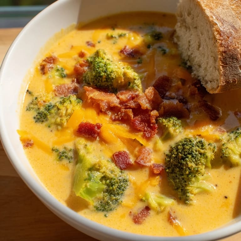 A warm bowl of Broccoli Cheddar Soup with melted cheese and fresh, toasted bread.