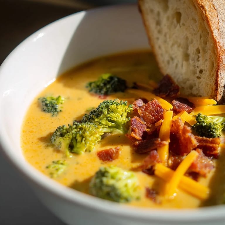 Thick and hearty Broccoli Cheddar Soup with a sprinkling of cheddar and crumbled bacon.