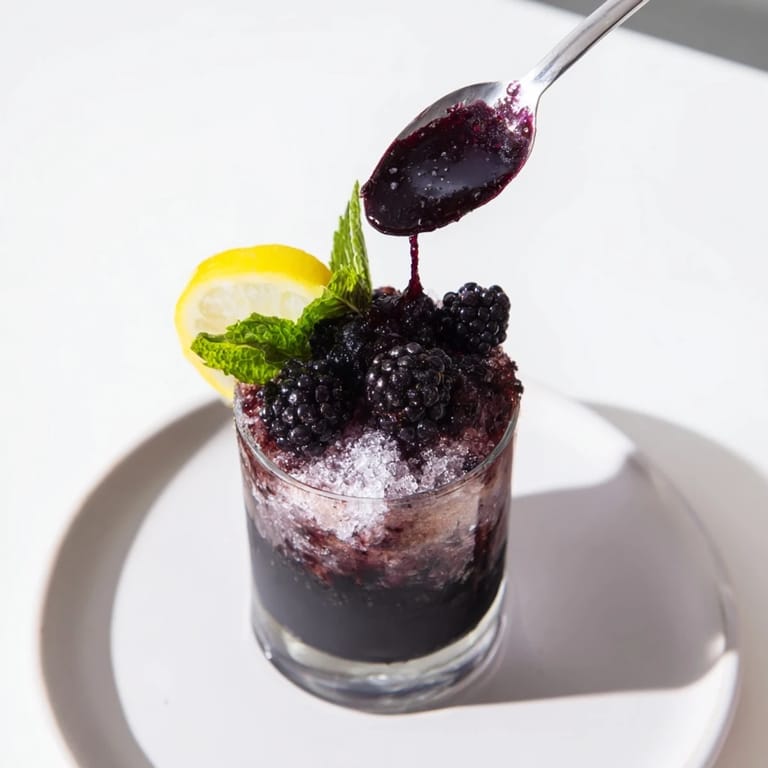A striking layered Dark Matter Mocktail, jet-black, garnished with blackberries and a lemon wheel.